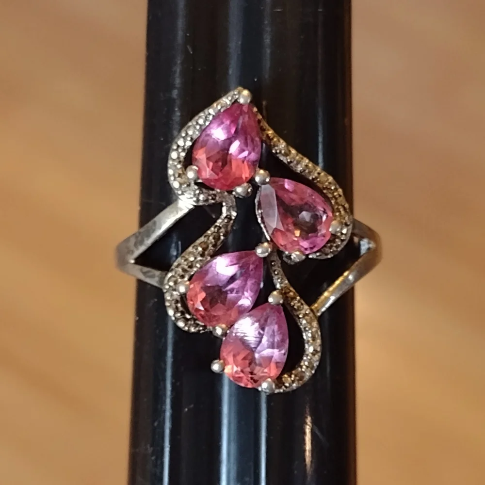 925 Sterling Silver Pink Rhodolite Ring Size 8.5 TGGC Genuine Gemstone Teardrop